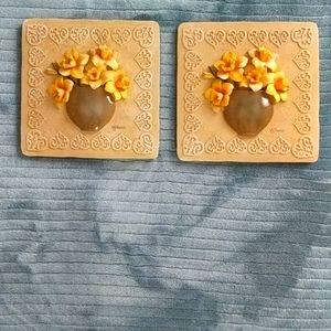 Wall decor set of two. Gold flowers olive beige base.